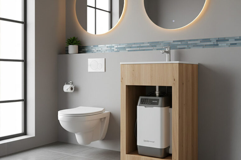 Toilette sanibroyeur encastré dans une salle de bain moderne