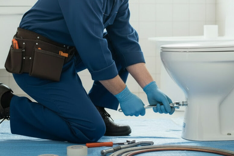 Notre ouvrier entrain d'installer un toilette neuf